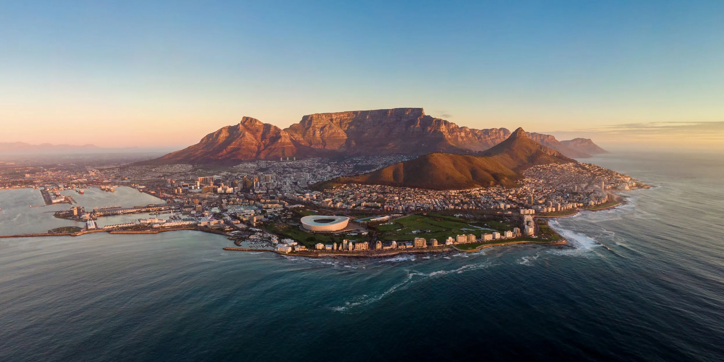 Cape Town cityscape at sunset, Western Cape Province, South Africa.